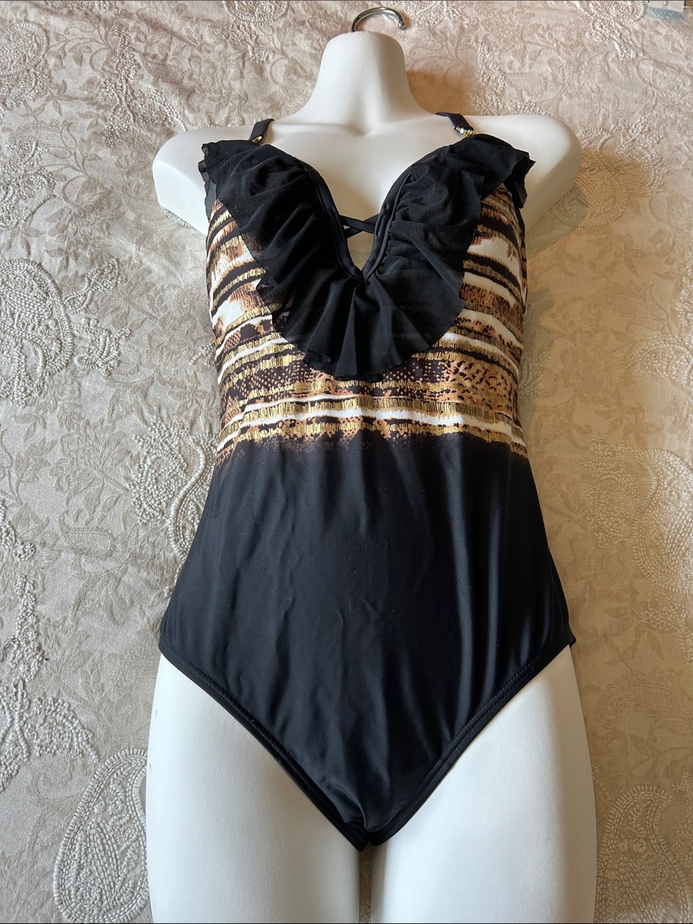 Simon Chang Ruffle Animal Print One Piece Swimsuit Size 8
